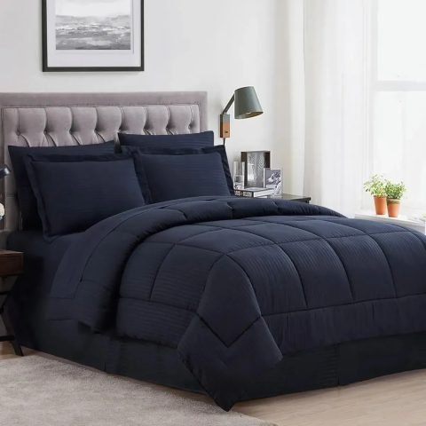Edredon Tipo Plumon Cama Queen Steen Stripe Azul Petroleo